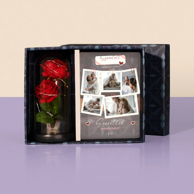 Fotókollázs: Szeretlek Téged Anyu - Ajándékkészlet Üvegre Nyomtatott Képpel És Örök Rózsával
