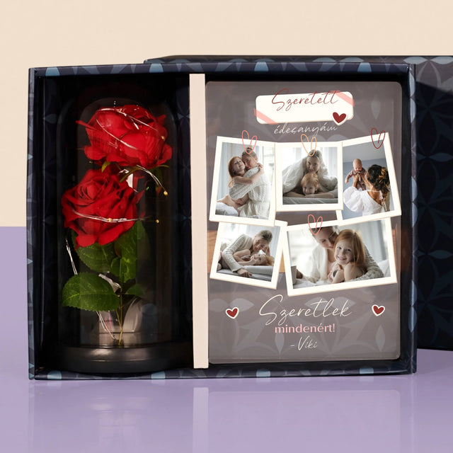 Fotókollázs: Szeretlek Téged Anyu - Ajándékkészlet Üvegre Nyomtatott Képpel És Örök Rózsával