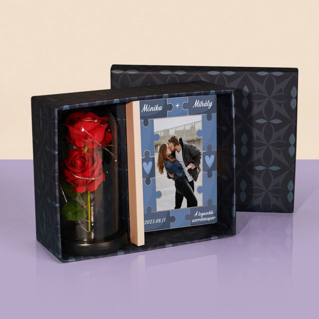 Fotó És Felirat: Kirakó + Fényképek - Ajándékkészlet Üvegre Nyomtatott Képpel És Örök Rózsával