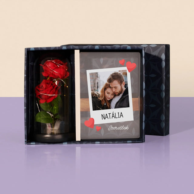 Fotó És Felirat: Szeretlek Fénykép - Ajándékkészlet Üvegre Nyomtatott Képpel És Örök Rózsával