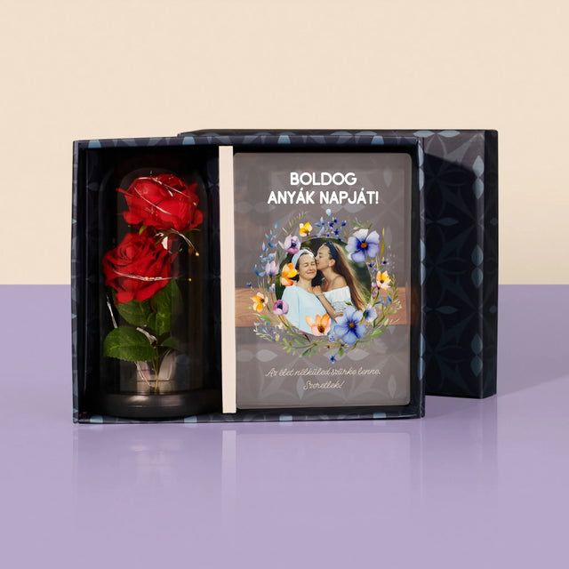 Fotó És Felirat: Sok Boldogságot Anyák Napja Alkalmából - Ajándékkészlet Üvegre Nyomtatott Képpel És Örök Rózsával