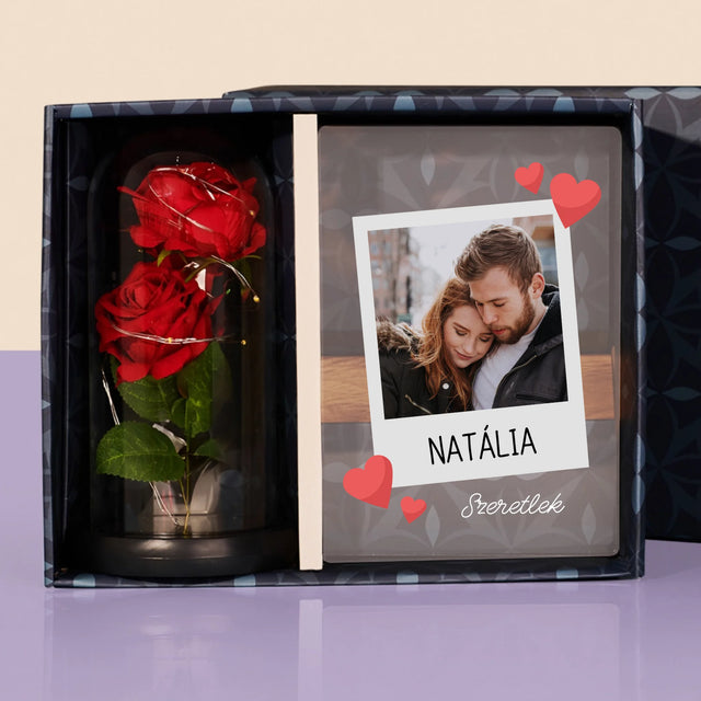 Fotó És Felirat: Szeretlek Fénykép - Ajándékkészlet Üvegre Nyomtatott Képpel És Örök Rózsával
