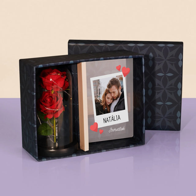Fotó És Felirat: Szeretlek Fénykép - Ajándékkészlet Üvegre Nyomtatott Képpel És Örök Rózsával