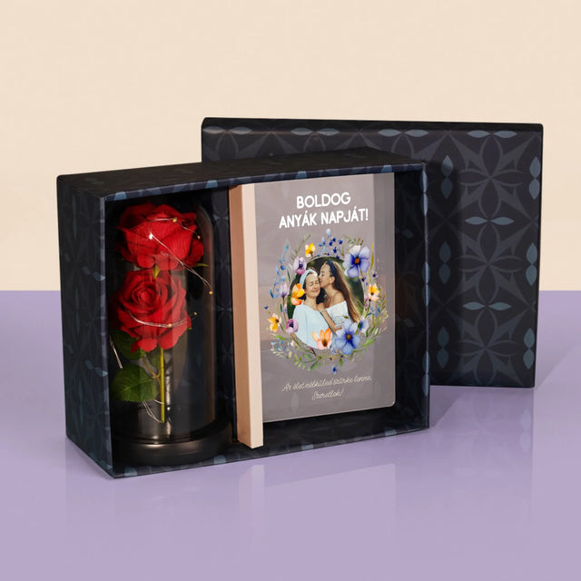 Fotó És Felirat: Sok Boldogságot Anyák Napja Alkalmából - Ajándékkészlet Üvegre Nyomtatott Képpel És Örök Rózsával