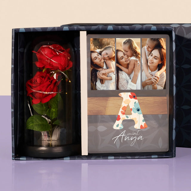 Fotókollázs: A Mint Anya - Ajándékkészlet Üvegre Nyomtatott Képpel És Örök Rózsával