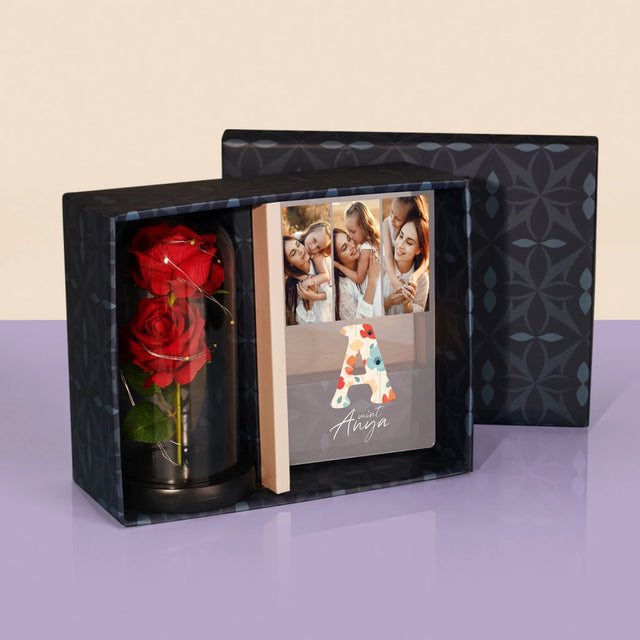 Fotókollázs: A Mint Anya - Ajándékkészlet Üvegre Nyomtatott Képpel És Örök Rózsával