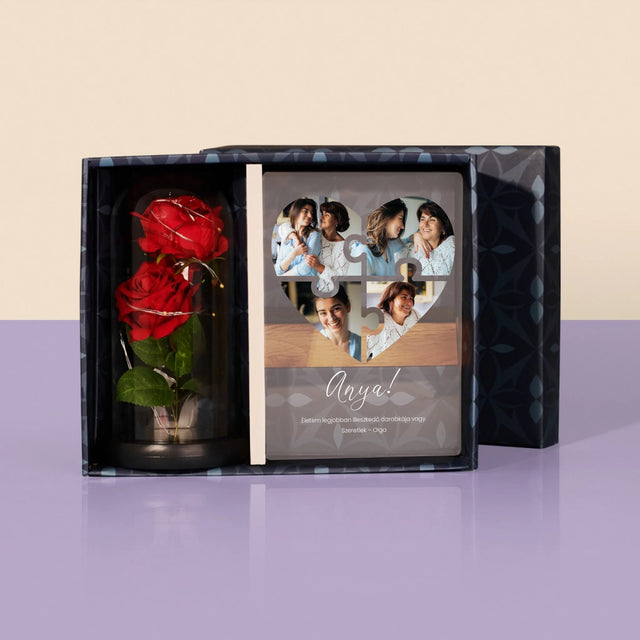 Fotókollázs: Szív Alakú Kirakó Anyának - Ajándékkészlet Üvegre Nyomtatott Képpel És Örök Rózsával