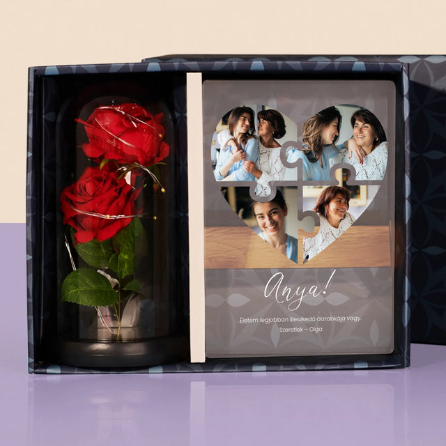 Fotókollázs: Szív Alakú Kirakó Anyának - Ajándékkészlet Üvegre Nyomtatott Képpel És Örök Rózsával