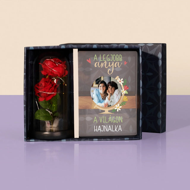 Fotó És Felirat: A Legjobb Anya Világ - Ajándékkészlet Üvegre Nyomtatott Képpel És Örök Rózsával