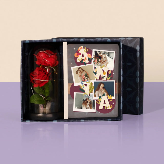Fotókollázs: Anya Betűk - Ajándékkészlet Üvegre Nyomtatott Képpel És Örök Rózsával