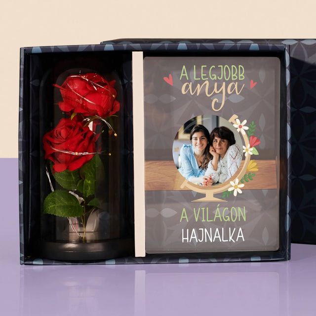 Fotó És Felirat: A Legjobb Anya Világ - Ajándékkészlet Üvegre Nyomtatott Képpel És Örök Rózsával