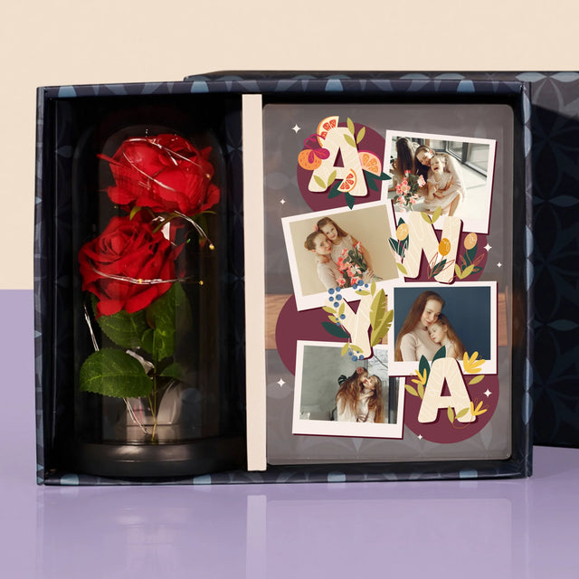 Fotókollázs: Anya Betűk - Ajándékkészlet Üvegre Nyomtatott Képpel És Örök Rózsával