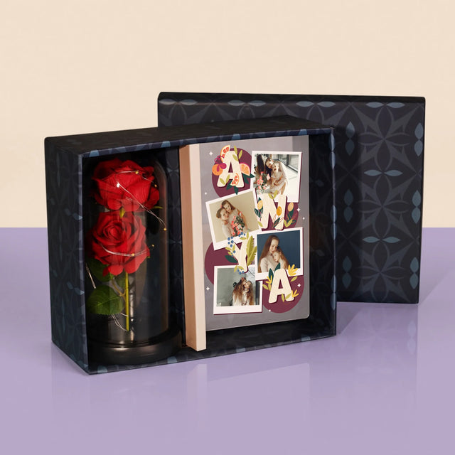 Fotókollázs: Anya Betűk - Ajándékkészlet Üvegre Nyomtatott Képpel És Örök Rózsával