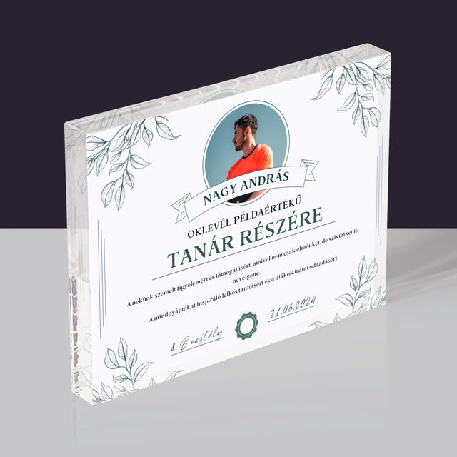 Fotó És Felirat: Oklevél Példaértékű Tanár Részére - Akrilüveg
