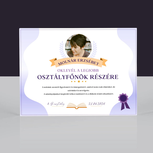 Fotó És Felirat: Oklevél A Legjobb Osztályfőnök Részére - Akrilüveg
