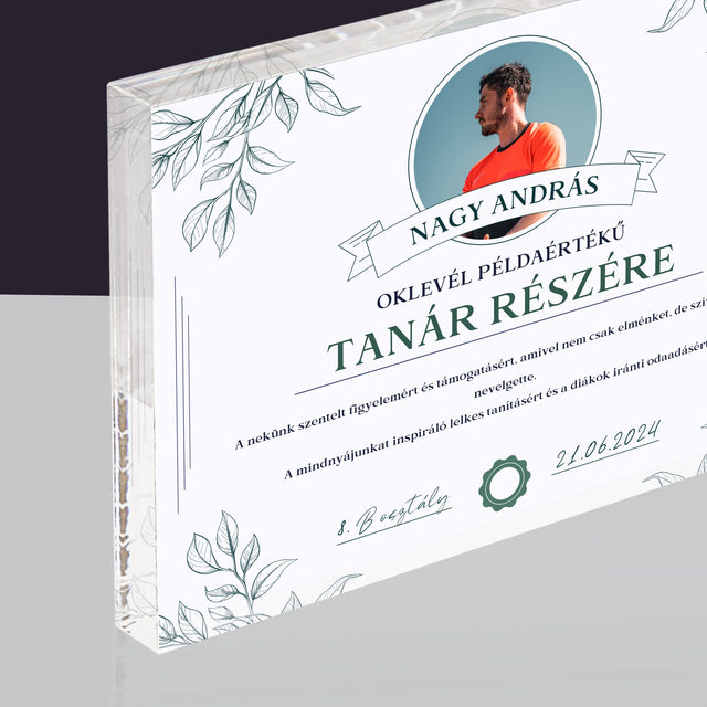 Fotó És Felirat: Oklevél Példaértékű Tanár Részére - Akrilüveg