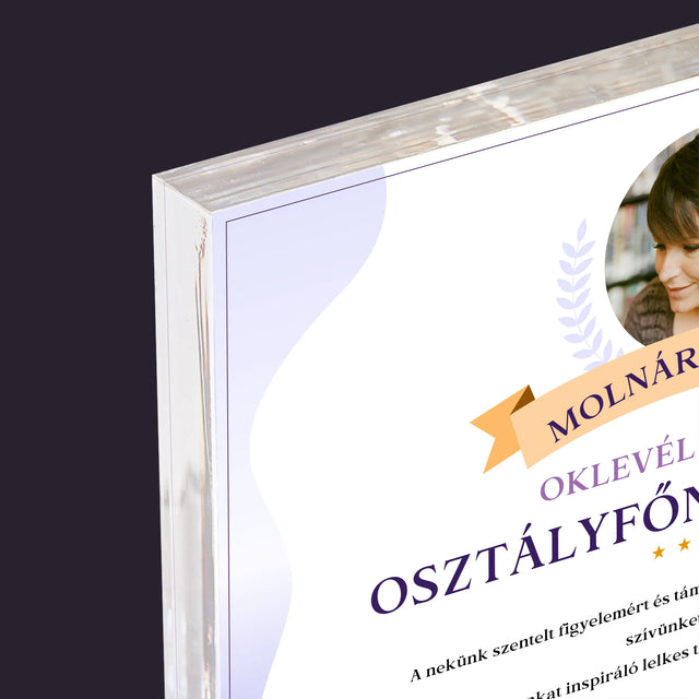 Fotó És Felirat: Oklevél A Legjobb Osztályfőnök Részére - Akrilüveg
