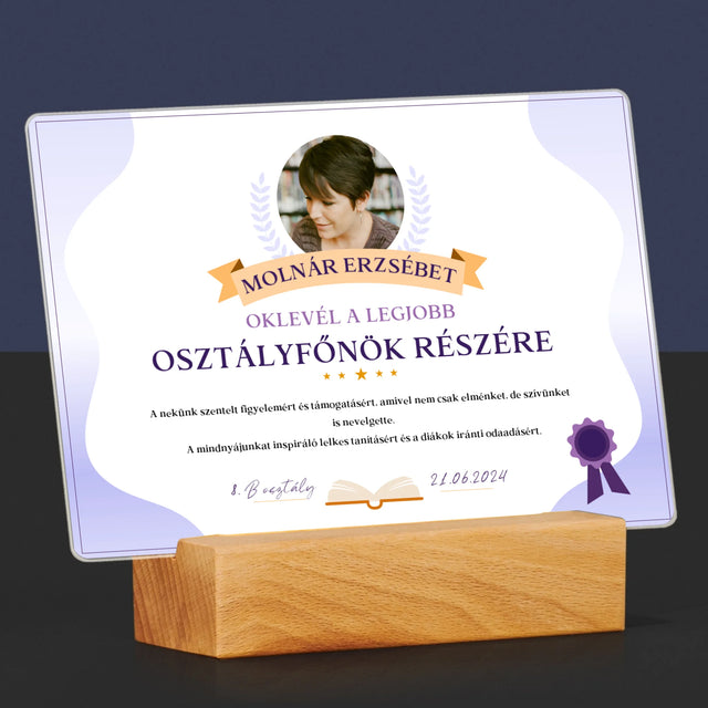 Fotó És Felirat: Oklevél A Legjobb Osztályfőnök Részére - Akrilüvegre Nyomtatott Kép
