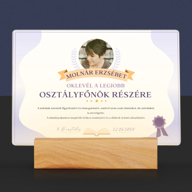 Fotó És Felirat: Oklevél A Legjobb Osztályfőnök Részére - Akrilüvegre Nyomtatott Kép