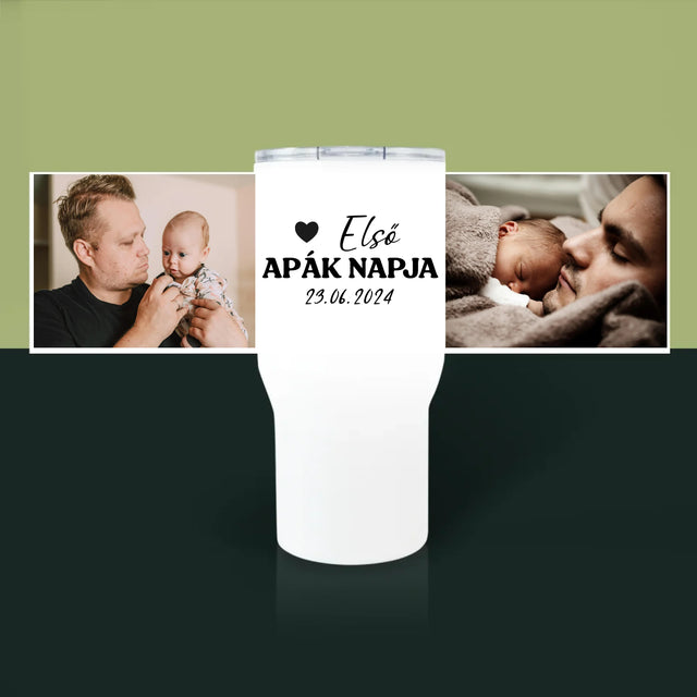 Fotó és felirat: Első Apák napja - Fehér termosz bögre | HU