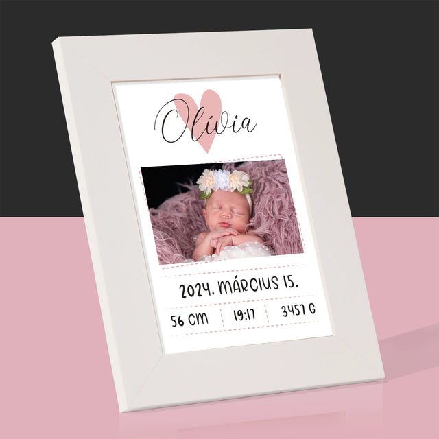 Születési Emléklap: Adatok, Szívecske, Lány - Fotókeret