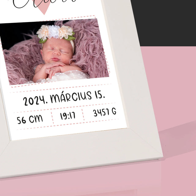 Születési Emléklap: Adatok, Szívecske, Lány - Fotókeret