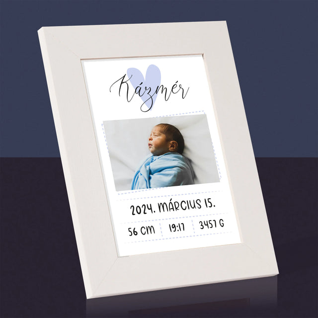 Születési Emléklap: Adatok, Szívecske, Fiú - Fotókeret