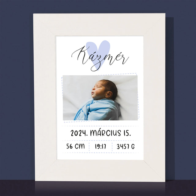 Születési Emléklap: Adatok, Szívecske, Fiú - Fotókeret