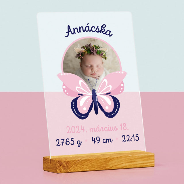 Születési Emléklap: Irat Pillangó - Akrilüvegre Nyomtatott Kép