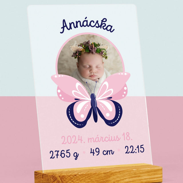 Születési Emléklap: Irat Pillangó - Akrilüvegre Nyomtatott Kép