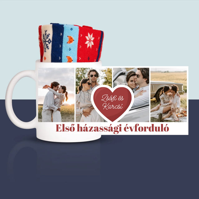 Fotókollázs: Első Évforduló Szív - Téli Zokni Egy Bögrében