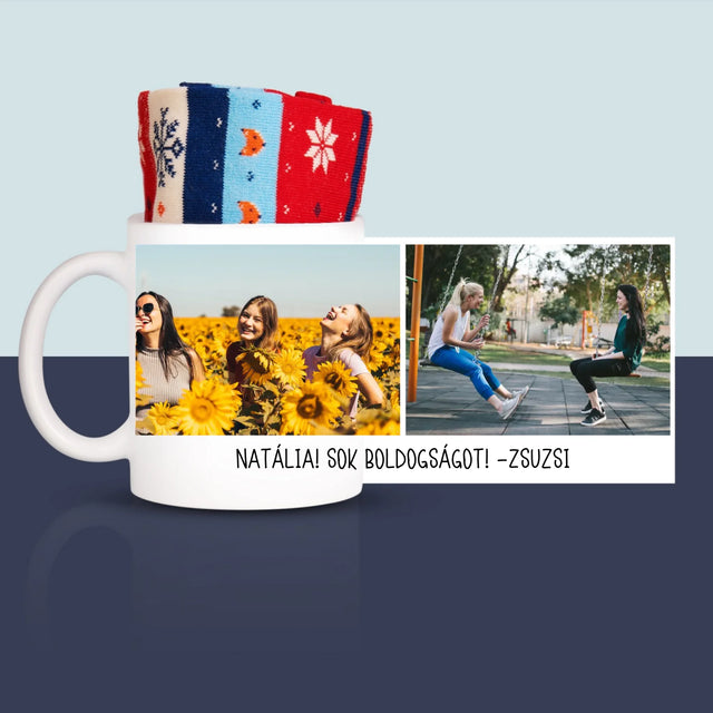 Fotókollázs: 2 Fénykép És Felirat - Téli Zokni Egy Bögrében