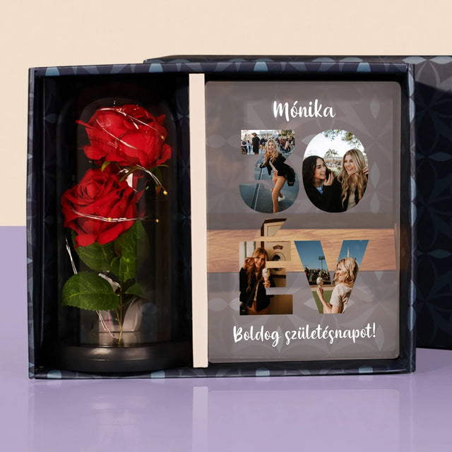 Szó Fotókból: 30Év A Képeidből - Ajándékkészlet Üvegre Nyomtatott Képpel És Örök Rózsával