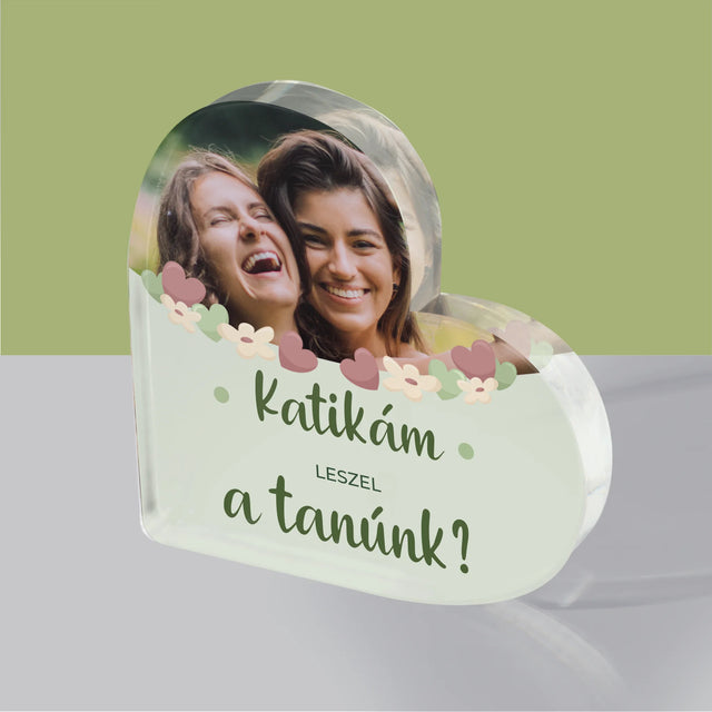 Fotó és aláírás: Leszel a koszorúslányom virágai - Akril szív alakú blokk | HU
