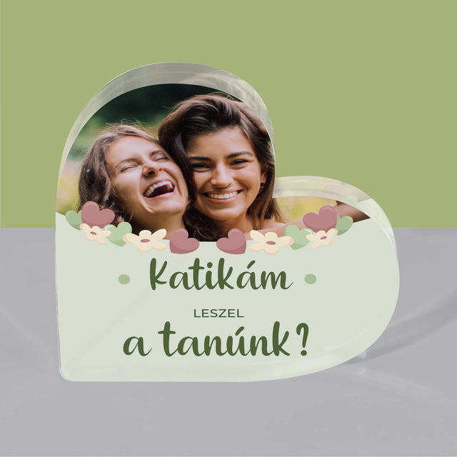 Fotó és aláírás: Leszel a koszorúslányom virágai - Akril szív alakú blokk | HU
